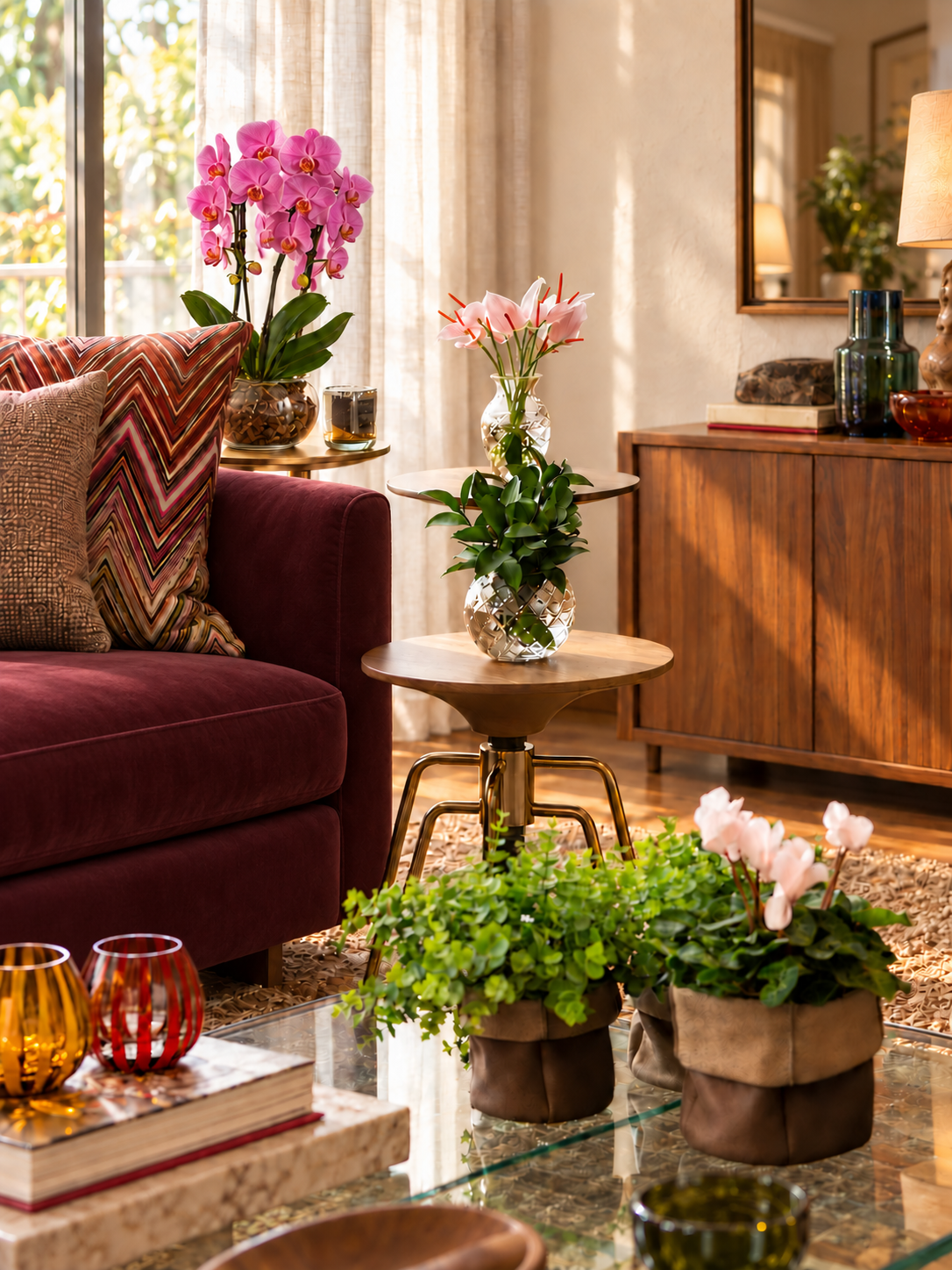 Sala com orquídeas rosa, flores e plantas em vasos — curadoria Arteplantas em Casa