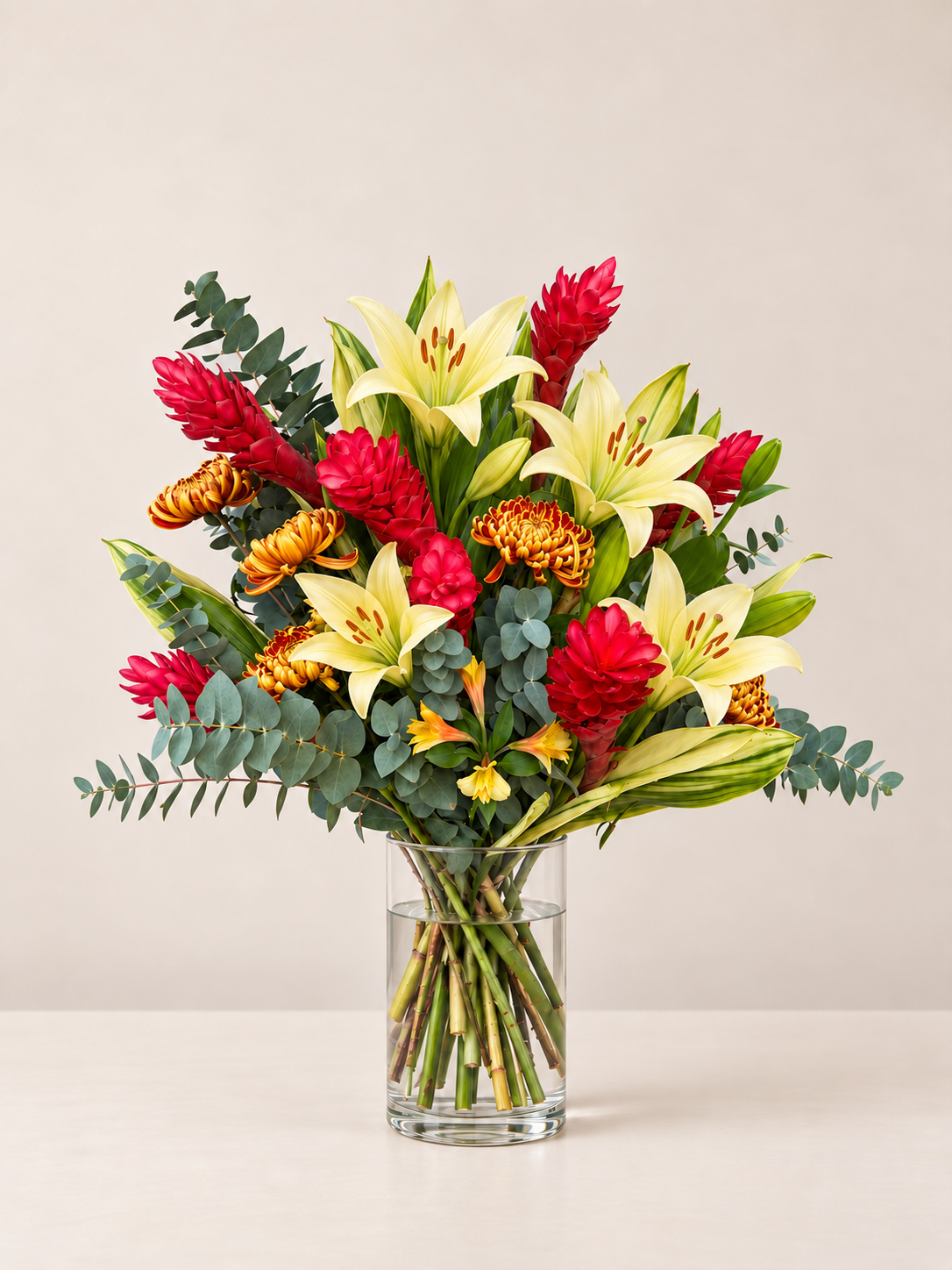 Arranjo do Dia com lírios amarelos e flores vermelhas em vaso de vidro, tamanho G