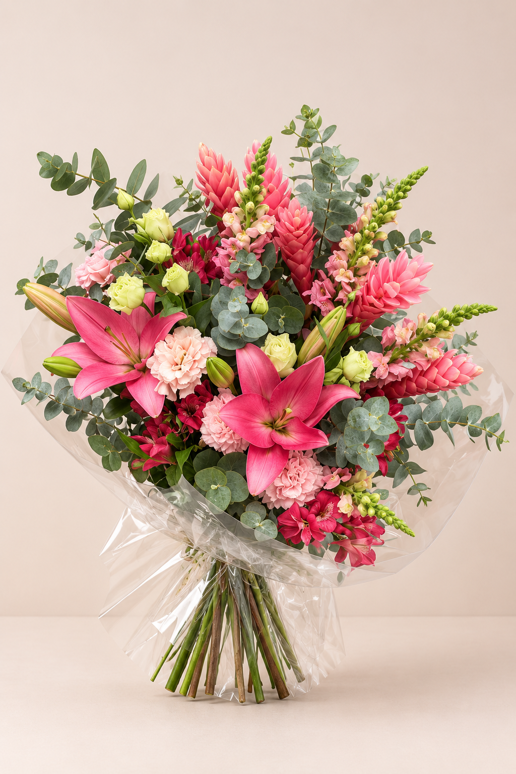 Buquê mix de flores cor de rosa com lírios e folhagens, tamanho G