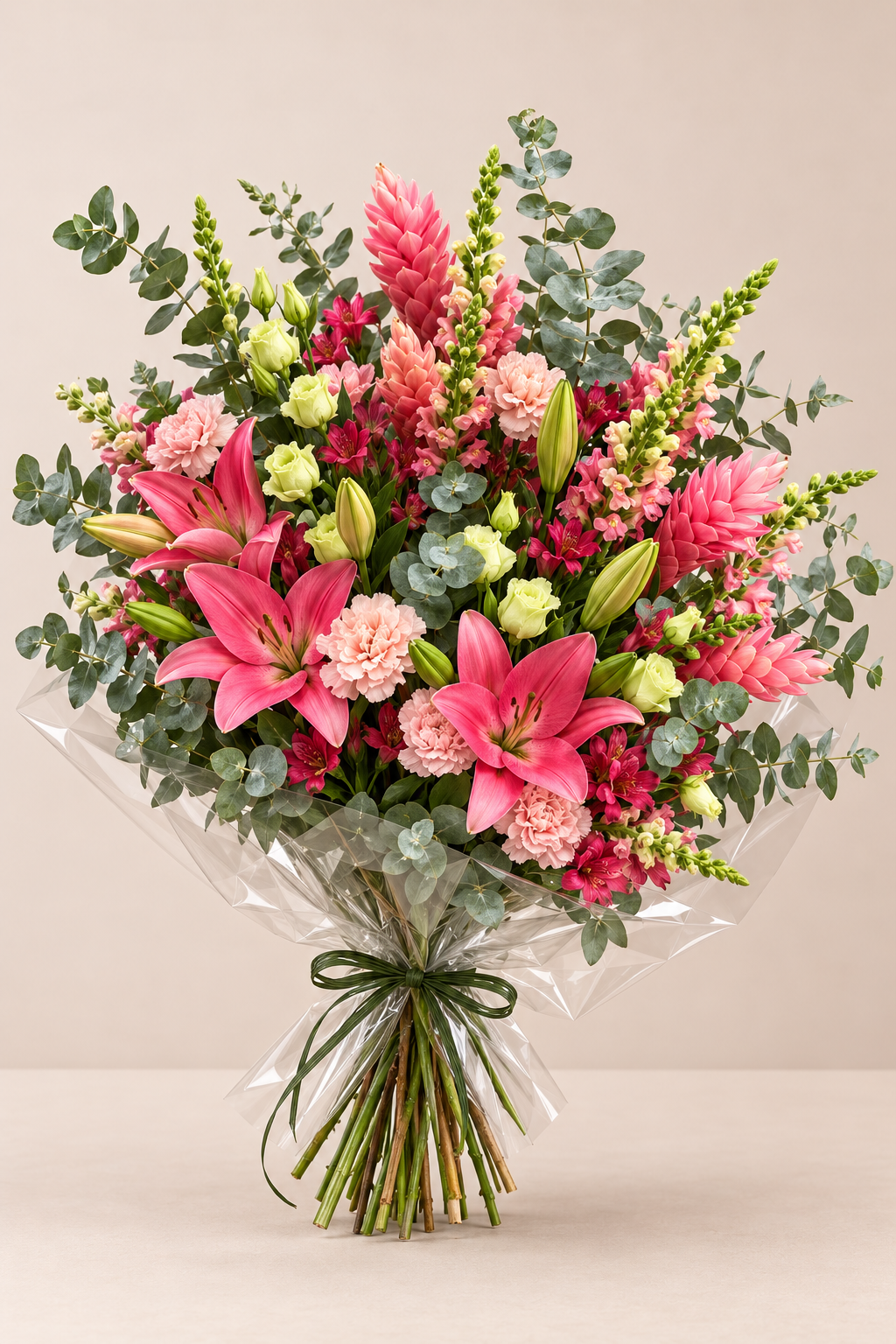 Buquê mix de flores cor de rosa com lírios e folhagens, tamanho GG