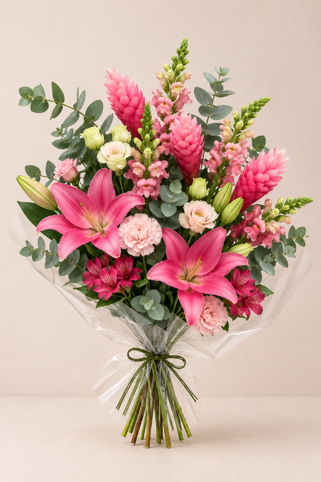 Buquê mix de flores cor de rosa com lírios e folhagens, tamanho M