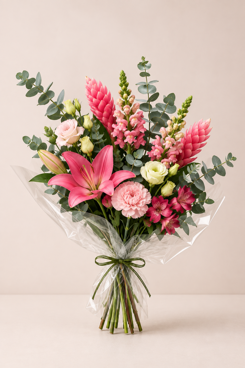 Buquê mix de flores cor de rosa com lírios e folhagens, tamanho P