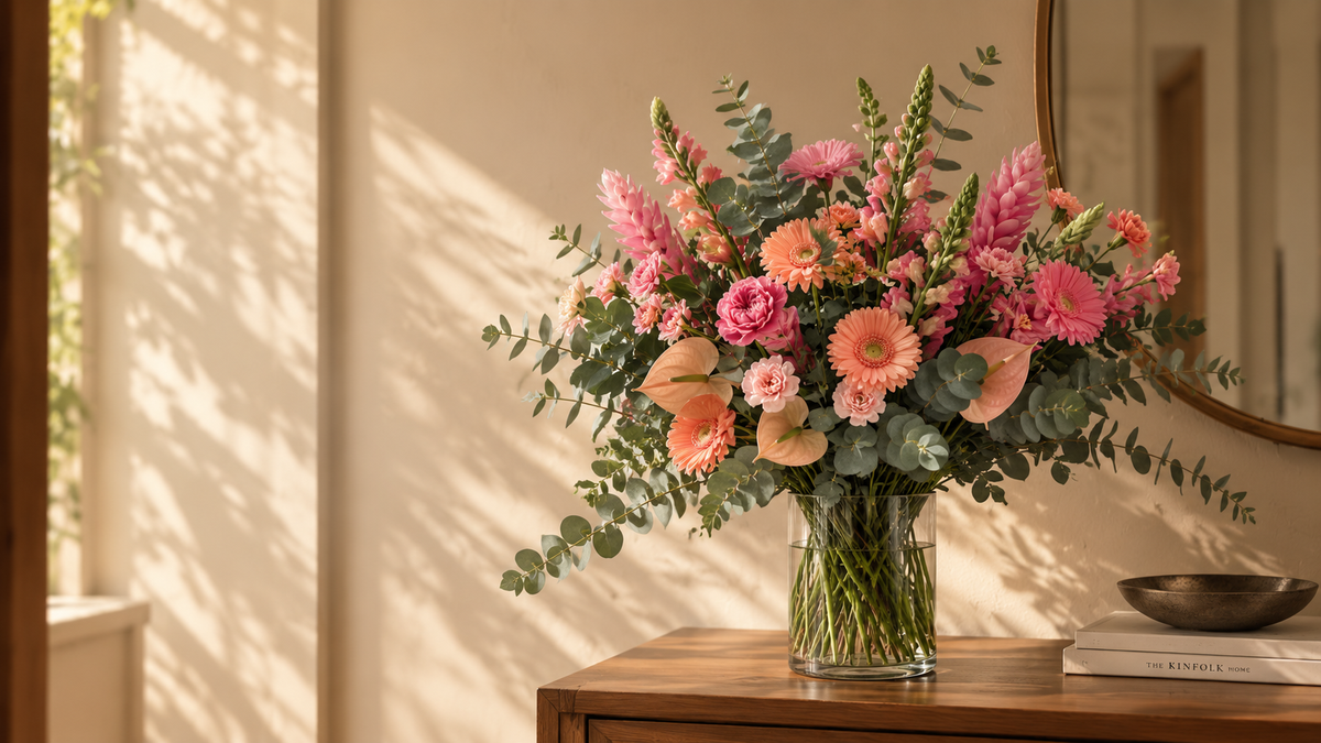 Arranjo de flores em tons de rosa com gérberas e folhagens em vaso de vidro