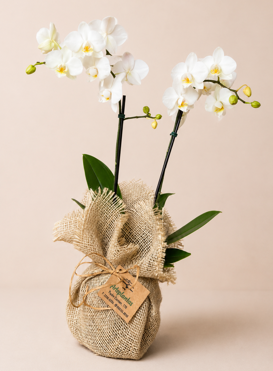 Mini orquídea branca em vaso envolto em juta