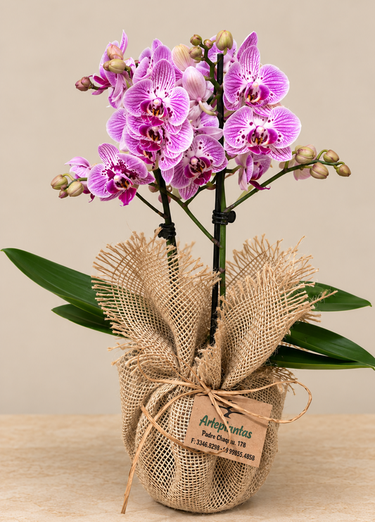 Mini orquídea mescla pink em vaso envolto em juta
