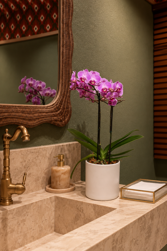 Orquídea lilás de duas hastes em vaso branco na bancada do lavabo